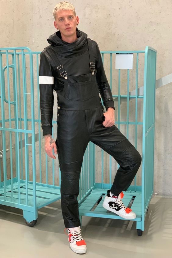 black leather overalls for men