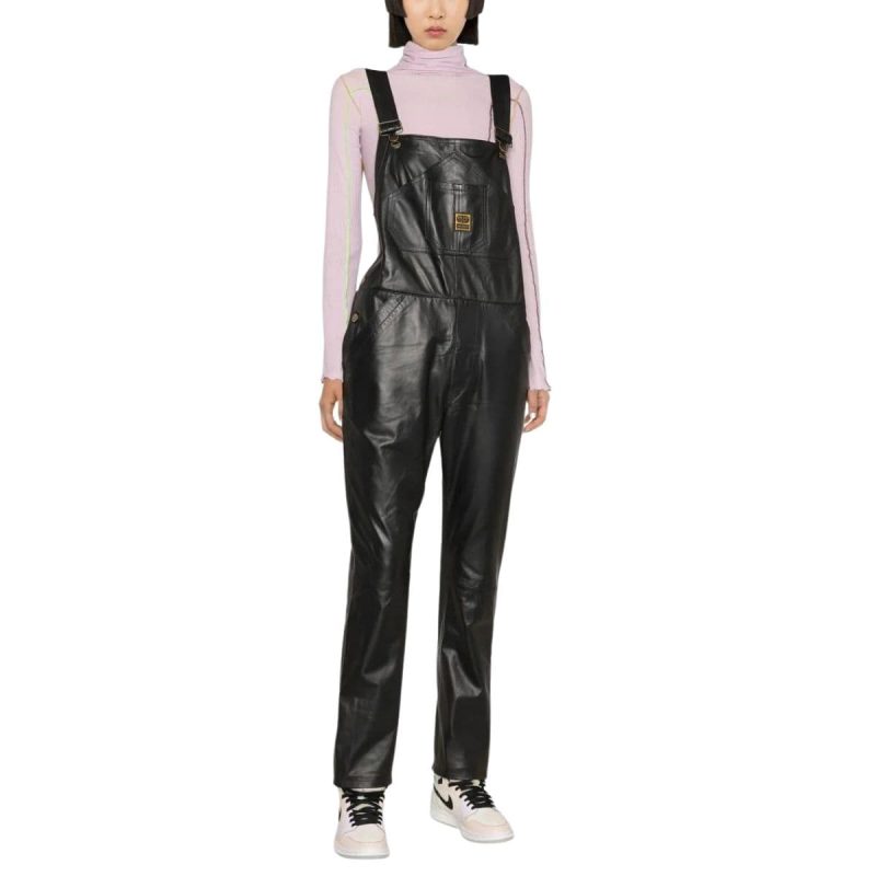 Black Leather Women’s Overalls Jacket