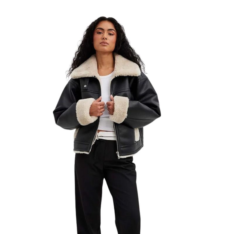 Faux Fur Trim Aviator Leather Jacket