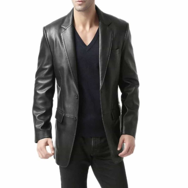 Refined Black Men Leather Blazer