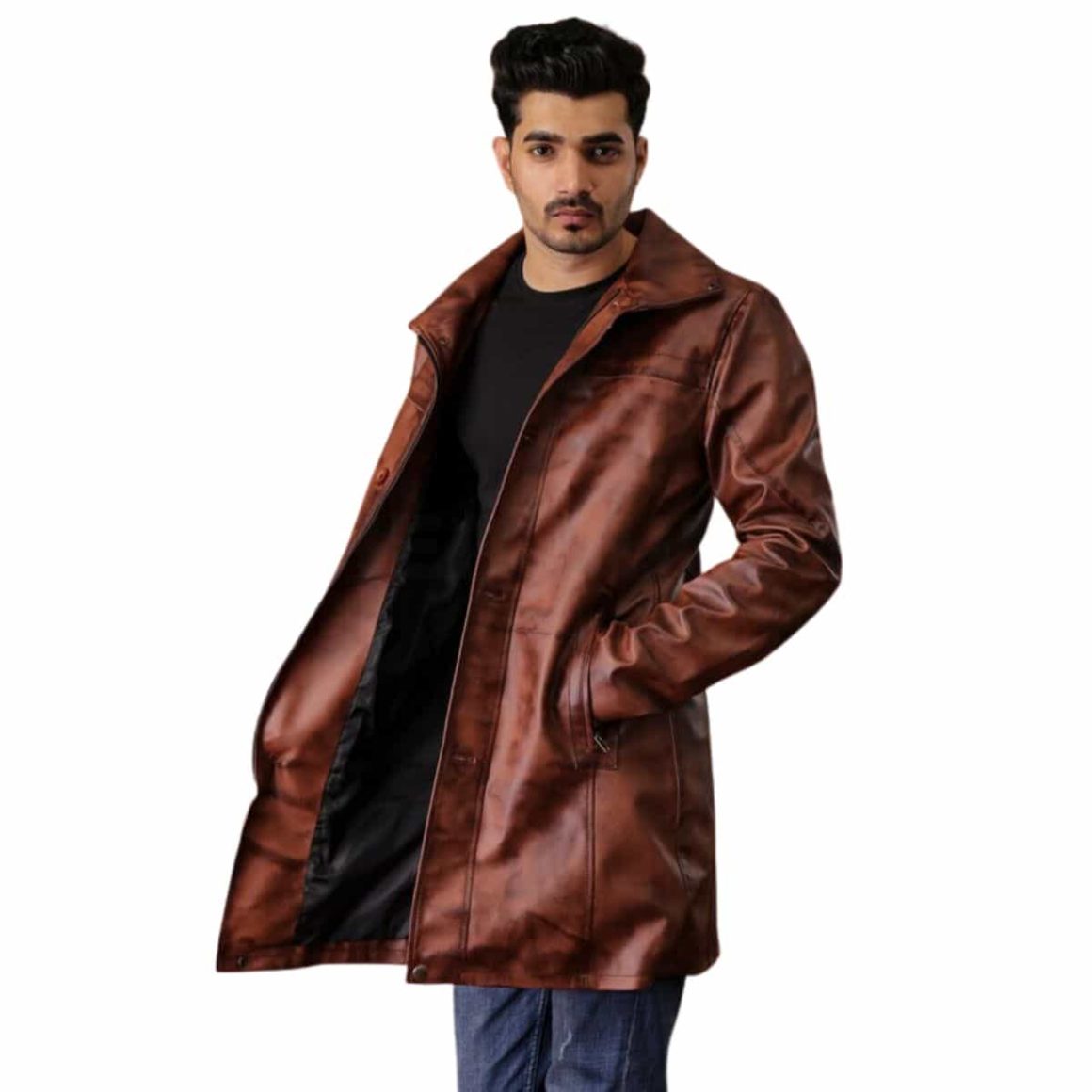 Men Long Leather Trench Coat