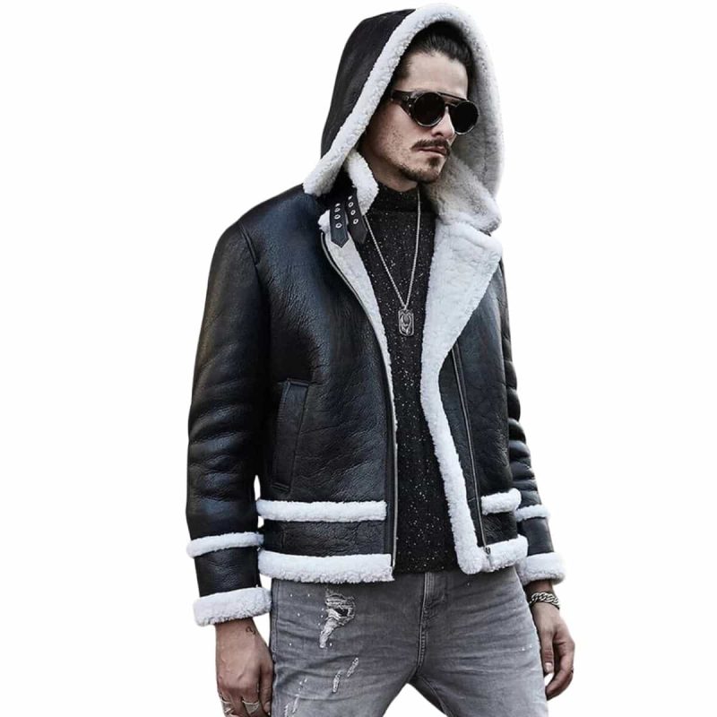 Aviator Leather White Fur Jacket With Hood