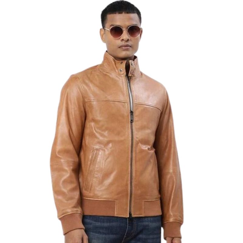 Cognac Men’s Leather Bomber Jacket
