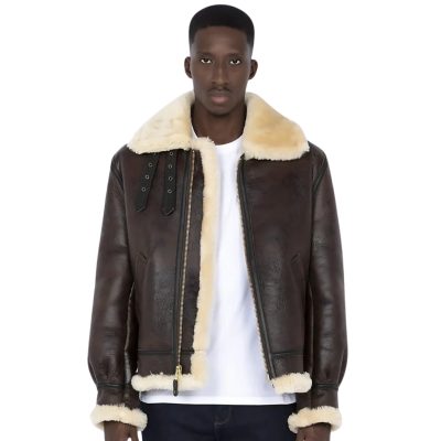 Shearling Bomber Jacket with Side Buckle Collar