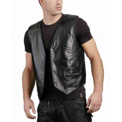 Black Leather Western Vest For Men's 