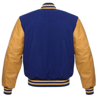 Blue Wool and Gold Leather Varsity Jacket For Sale