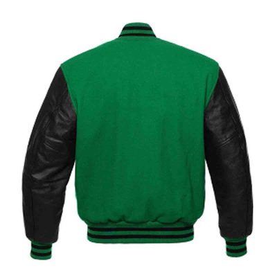 Green Wool and Black Leather Varsity Jacket For Men's