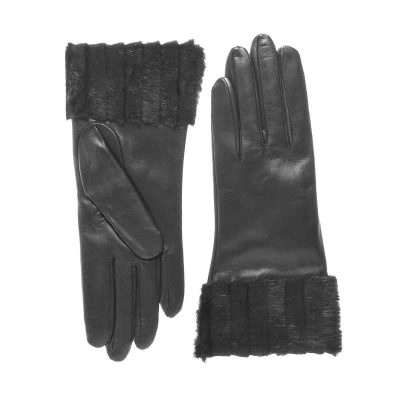 Ladies Fashion Black Fur Cuff Gloves 