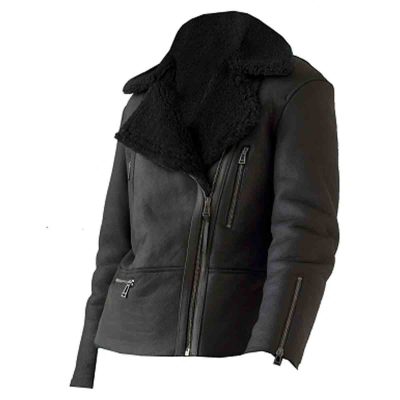 Ladies Black Leather Jacket With Fur Collar For Sale