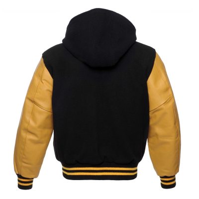 Men Black Hooded Golden Leather Varsity Jacket For Sale