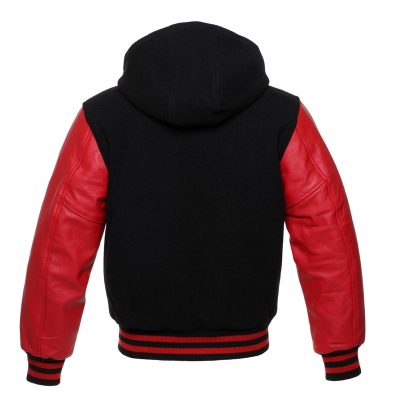 Men's Black Hooded Red Leather Varsity Jacket For Sale