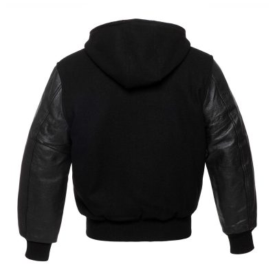 Men's Black Leather Varsity Jacket With Hooded