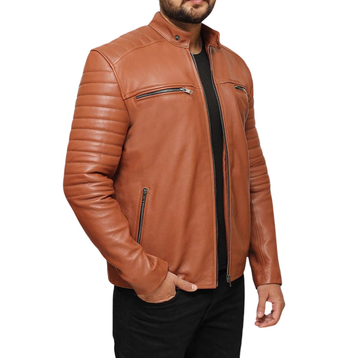 Brown Quilted Leather Jacket For Mens