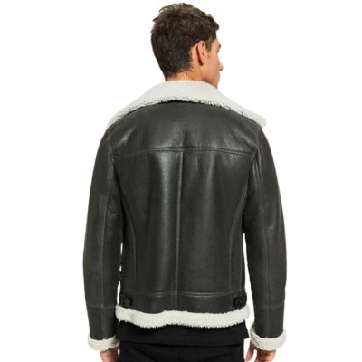Men Black Leather White Fur Jacket