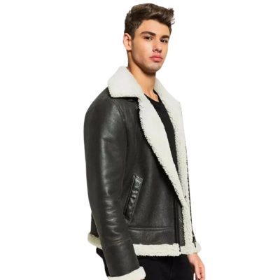 Men Black Leather White Fur Jacket