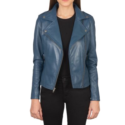 Blue Leather Biker Jacket