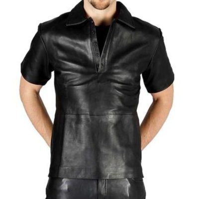 Half Sleeves Men Leather Shirt