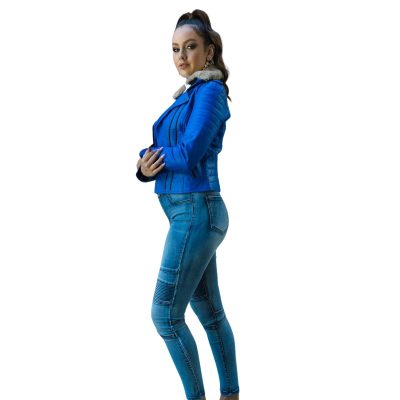 Azure Luxe Fur-Collared Blue Leather Jacket