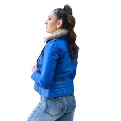 Azure Luxe Fur-Collared Blue Leather Jacket
