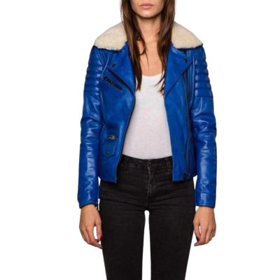 AzureLux Fur-Trimmed Blue Leather Jacket