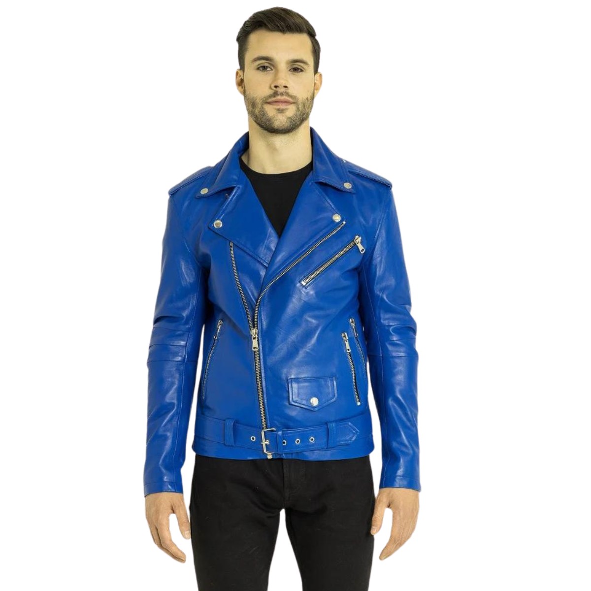 Belted Blue Leather Jacket