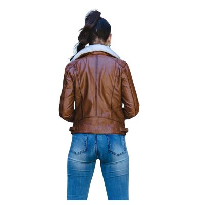 Emberglow brown leather jacket with fur women