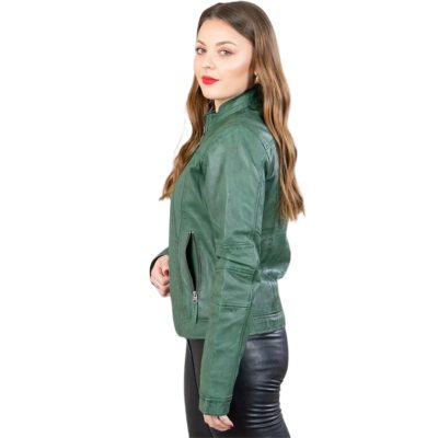 Emerald green leather jacket for women