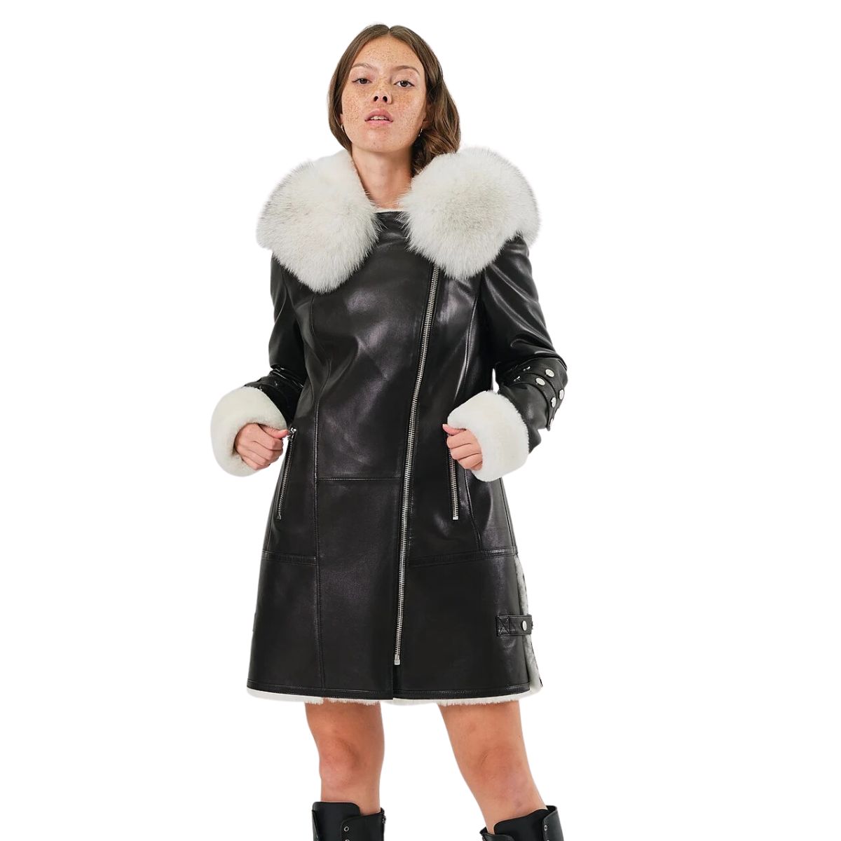 Frost Aura White Leather Jacket with Fur Hood