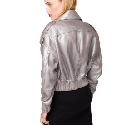 Frost Dusk Grey Leather Jacket women with Fur Collar