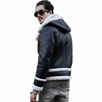 Aviator Leather White Fur Jacket With Hood 