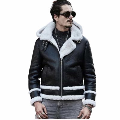 Aviator Leather White Fur Jacket With Hood 