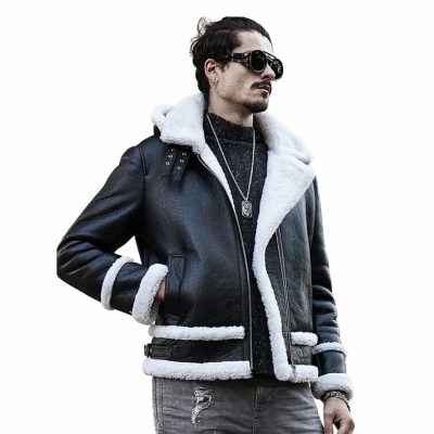 Aviator Leather White Fur Jacket With Hood 