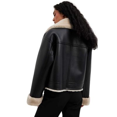 black leather jacket with white fur