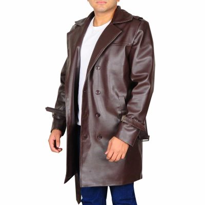 Lapel Collar Trench Leather Jacket