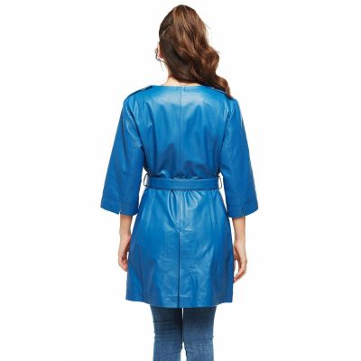 Azurea Chic Blue Leather Coat for Women