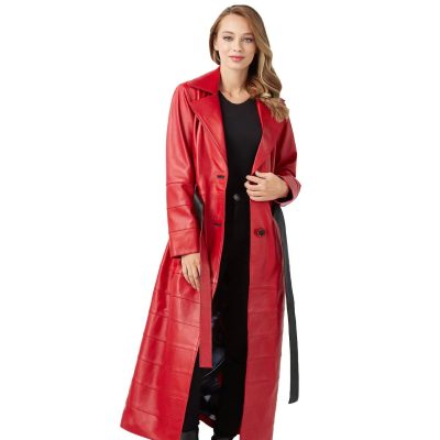 Ruby Glow Bold Red Leather Coat for Women