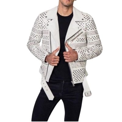 Mens White Biker Leather Jacket Belt with Silver Studs