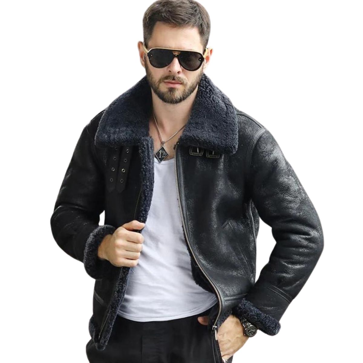 B3 Bomber Black Fur Leather Shearling Jackets
