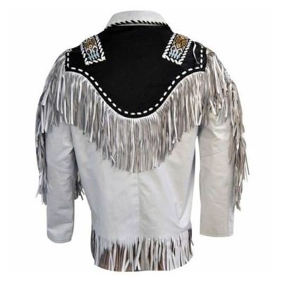 Men White Western Style Fringes Leather Jacket