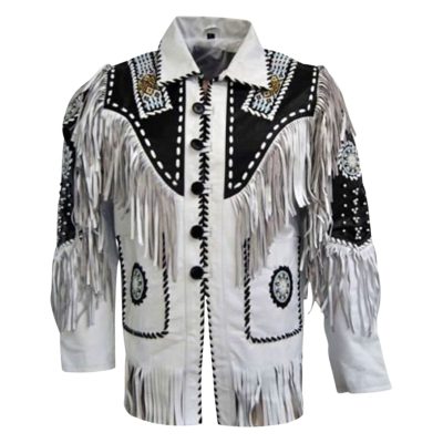 Men White Western Style Fringes Leather Jacket