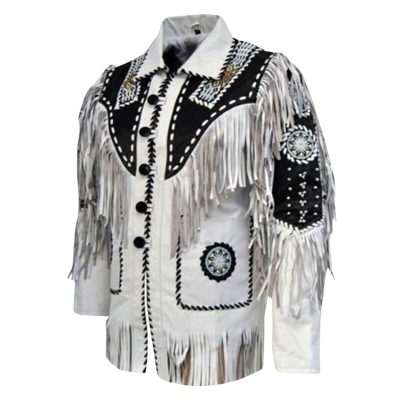 Men White Western Style Fringes Leather Jacket