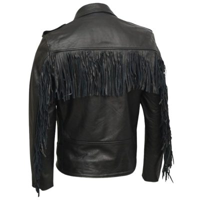 Mens Black Leather Jacket with fringes