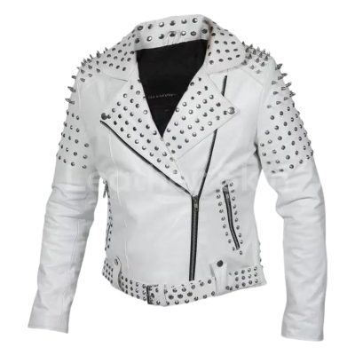 Mens White Classic Brando Studded Leather Jacket