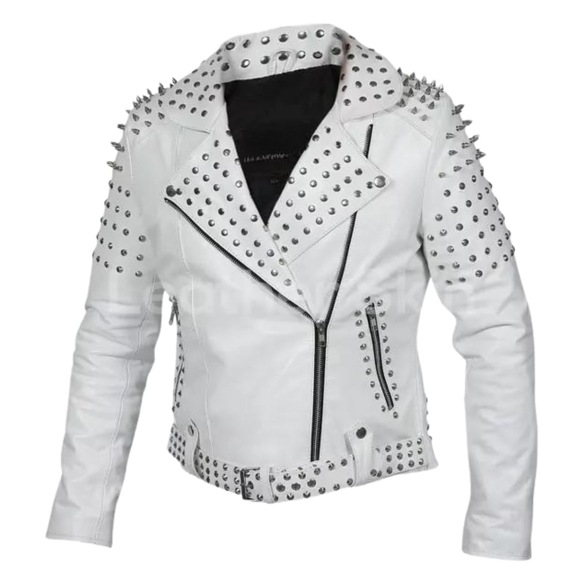 Mens White Classic Brando Studded Leather Jacket