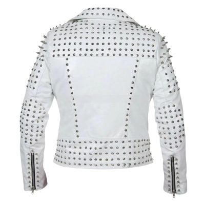Mens White Classic Brando Studded Leather Jacket