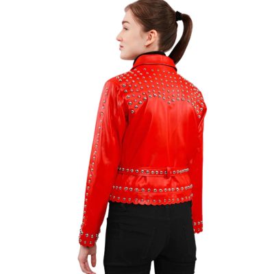 Women Real Red Leather Jacket with Studs