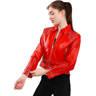 Women Real Red Leather Jacket with Studs