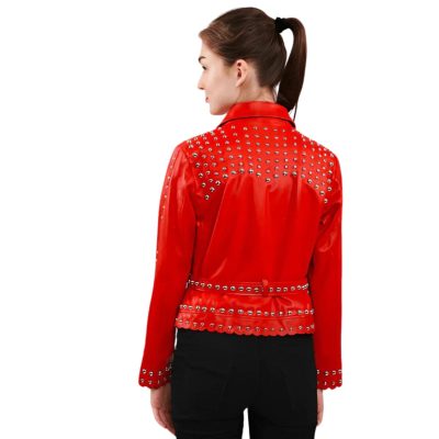 Women Real Red Leather Jacket with Studs