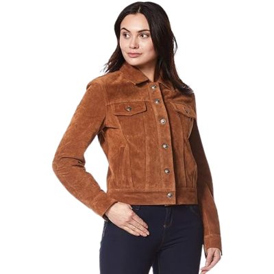 Women Brown Suede Western Leather Trucker Jacket