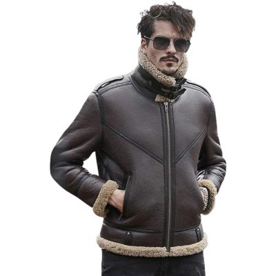 Mens Aviator B3 Red Leather Shearling Fur Jacket